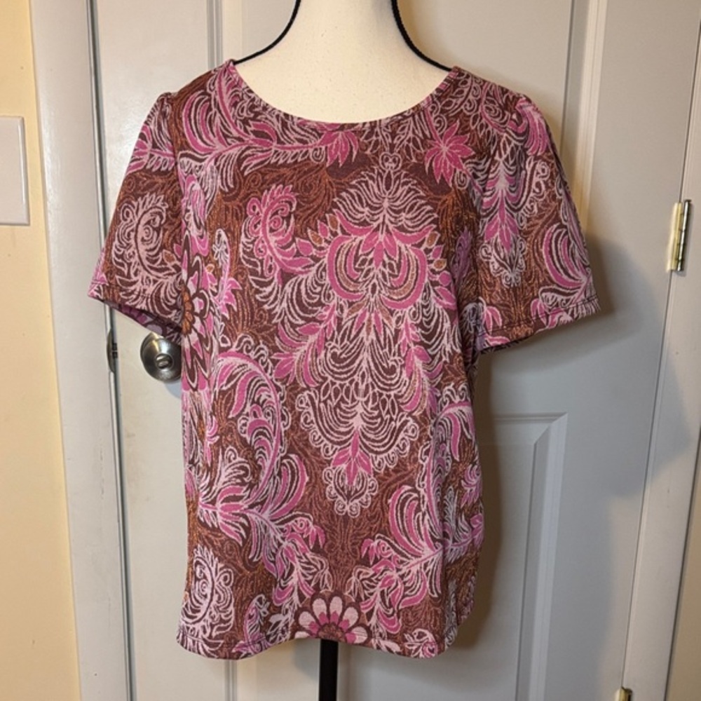 Anthropologie Metallic Demeter Paisley Knit Jersey Blouse Top pink/ brown LG